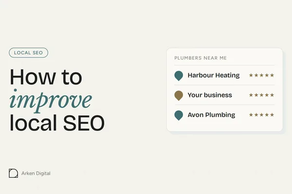 How to improve local SEO, with a mock local pack showing three plumbers