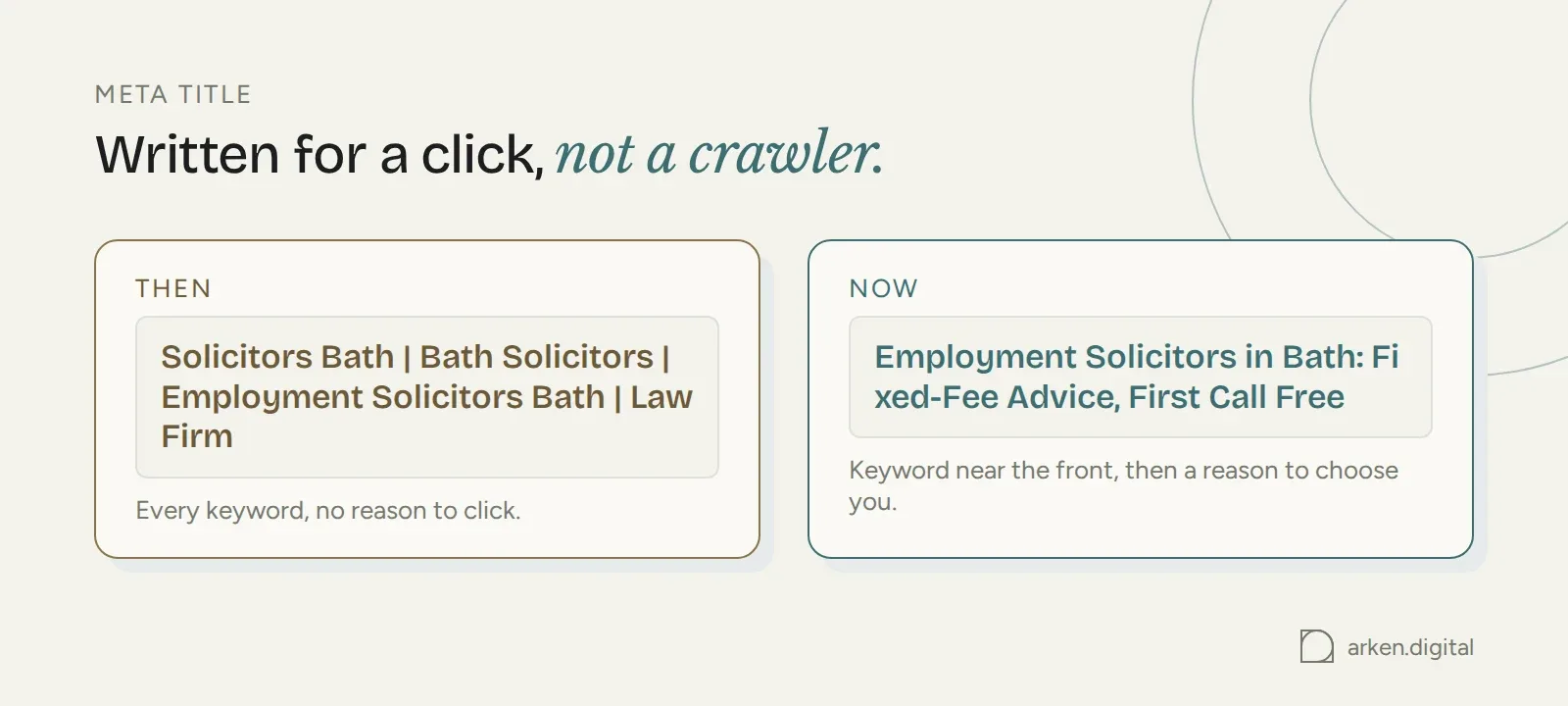 A keyword-stuffed title tag compared with a click-worthy one